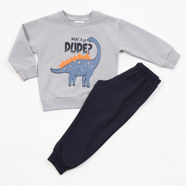 Σετ εποχιακό παντελόνι - μπλούζα μακρυμάνικη, με στάμπα και σχέδιο δεινόσαυρο, γκρι - μαύρο